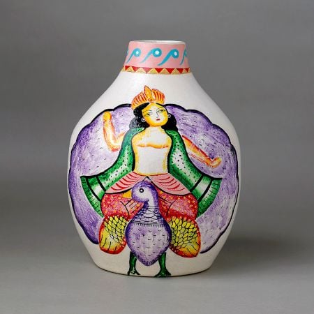Handcrafted Ceramic Kalighat Kartikeya Folk Art Decorative Vase